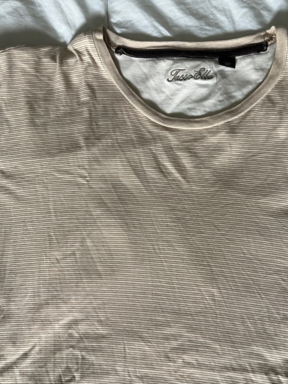 Tasso Elba Men's 100% Cotton Tan and White Thin-Striped Crewneck Tee